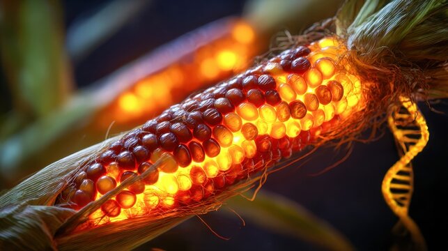 corn stalk with glowing mutated kernels on DNA spiral lab lighting