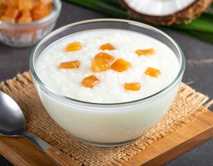 A bowl of Tapioca com Coco, a Brazilian tapioca pudding with coconut, a sweet and creamy dessert.