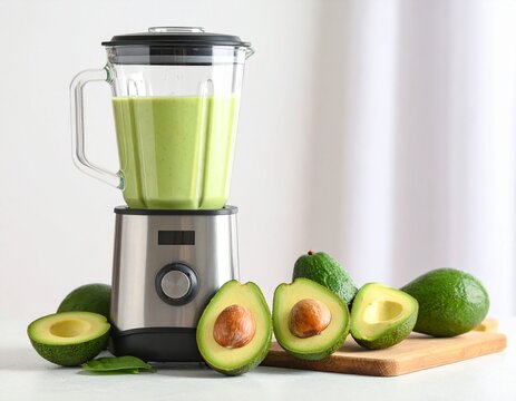 Vitamina de Abacate, Brazilian avocado smoothie, in a blender with fresh avocados around it.
