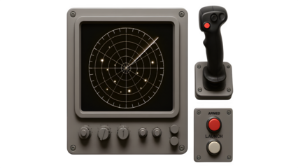 Flat Lay of Air Defense Control Console with Radar Screen and Tactical Maps PNG