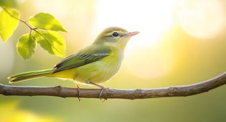 Obraz premium Small Yellow And Green Bird Perched On A Branch In Sunlight