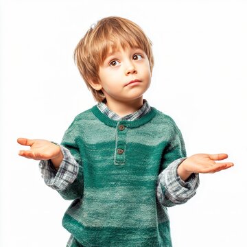 curious child boy holding invisible object in hand questioning expression isolated