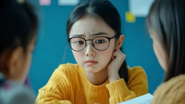 Girl with Glasses Seriously Attending Class and Thinking