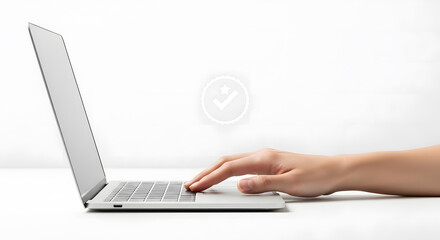 Ergonomic Workspace Hand Using Laptop on Clean Desk for Remote Work and Productivity, Showcasing Modern Technology and Business