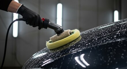 Car Detailing Technician Polishing Black Car with Buffer in Modern Garage