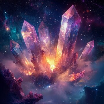 Cosmic and crystal abstract background with sparkling crystalline structures set against a starry void mystical and isolated