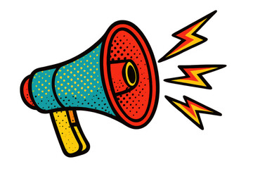 Pop art style megaphone making a loud announcement with lightning bolts, ideal for conveying messages and promotions