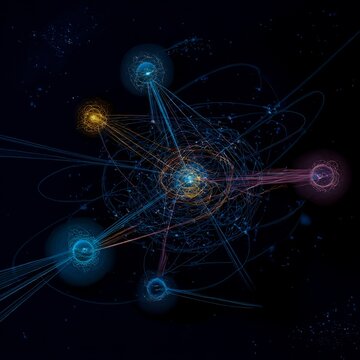 concept map in space with floating logic orbs linked by energy beams