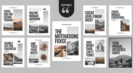 A collection of minimalist design templates with inspirational quotes and landscape imagery.