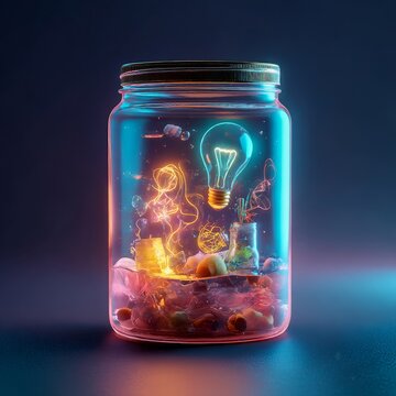 conceptual glass jar containing floating glowing ideas imagination containment