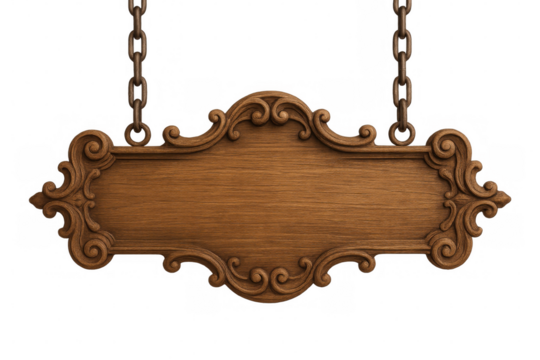 Ornate wooden sign hanging on chains, isolated on transparent background, perfect for adding text or designs