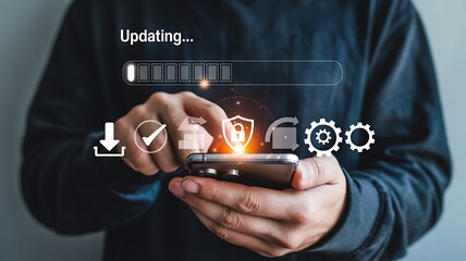 Hands holding smartphone updating digital icons technology update