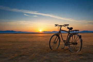 Fototapeta premium Vintage Bicycle Silhouette Against a Golden Sunset Landscape