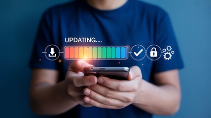Person holding smartphone with digital update progress bar and icons technology download