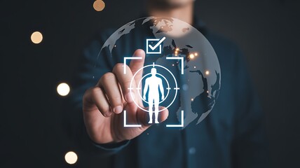 Person targeted by digital interface on globe image