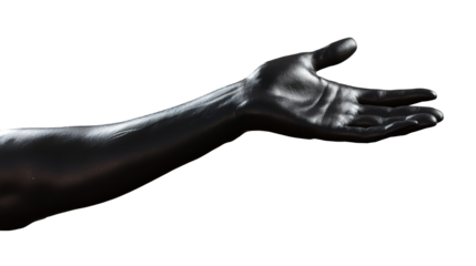 A reaching hand gleaming with metallic black paint open in an invitation for help or greeting on transparent background