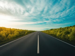Scenic highway stretching into the distance with lush greenery and sky view