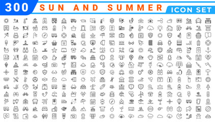 Summer Vacation icon set. Holiday related icons: travel, beach, surfing, hotel, tourism, landscape, camera, passport, ice cream and more. Editable line icons. Vector illustration.