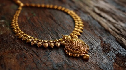 Traditional Indian bridal gold necklace intricate temple design Lakshmi motif centerpiece matte finish realistic high resolution image cultural elegance wedding jewelry flatlay