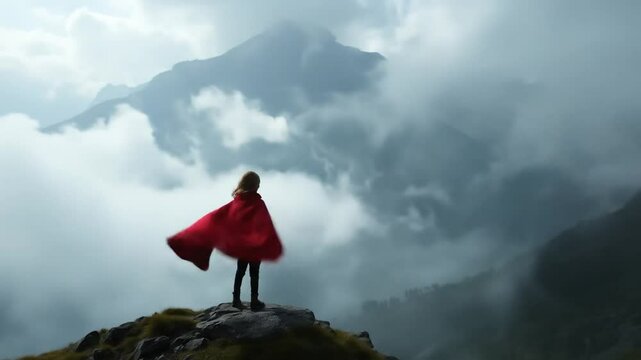 Woman in red cape standing on a mountain peak amidst clouds and fog landscape