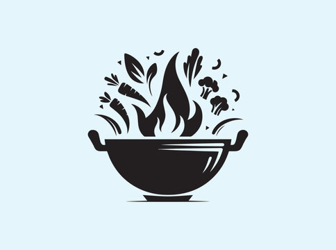 black wok cooking vegetables with flames clip art preview
