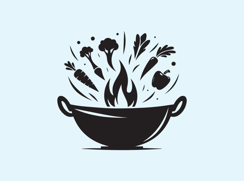 black wok cooking vegetables over fire clip art preview
