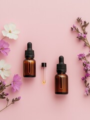 Essential Oil Bottles and Packaging on Pink Background