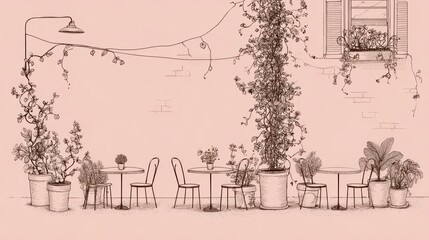 Obraz premium Outdoor cafe sketch, light pink