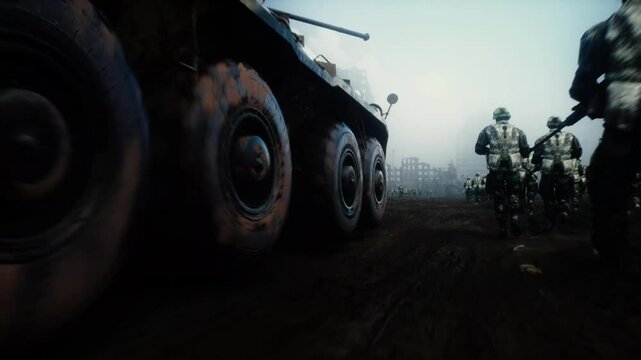 armored infantry vehicles with soldiers in in a ruined city.
