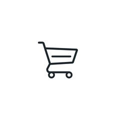 A simple line drawing of a shopping cart with a handle and two wheels on a white background