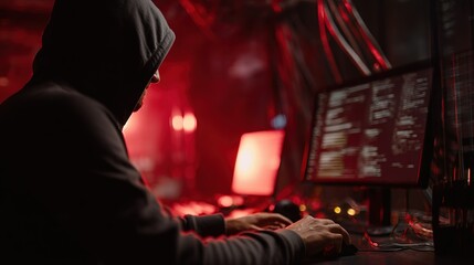Anonymous person in a hooded sweatshirt typing on a keyboard in a dimly lit room with red lighting and computer screens