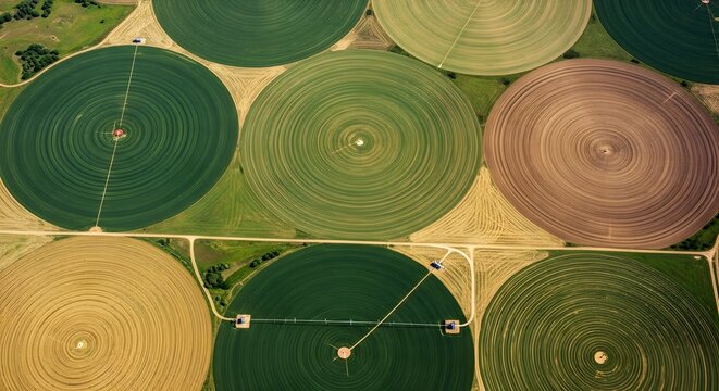 Aerial view of circular agricultural fields with irrigation systems, showcasing farming patterns