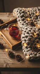 Fototapeta premium Warm Tea on Wooden Tray with Blanket and Lights