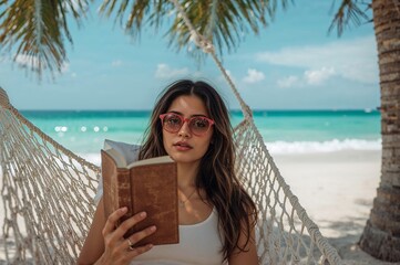 Woman reading a book in a hammock on a tropical beach with turquoise water and palm trees visible