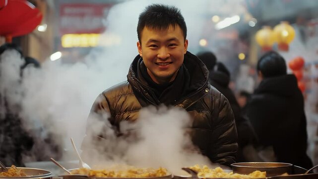 Street Food Vendor Gives a Thumbs Up and Smiles