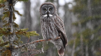 Gray owl perched on branch in snowy forest