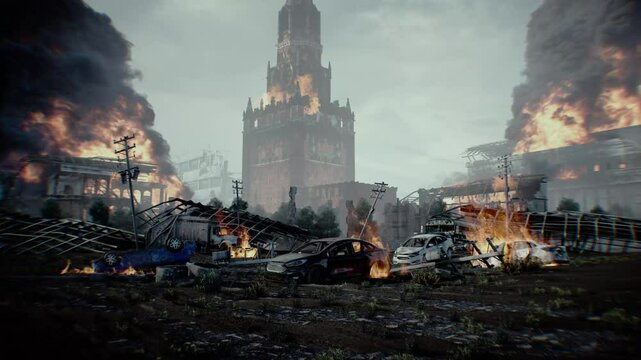 Russian apocalyptic. burning city Moscow. Armageddon. 4k animation.
