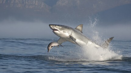 Fototapeta premium Great white shark jumps, dolphin in the air