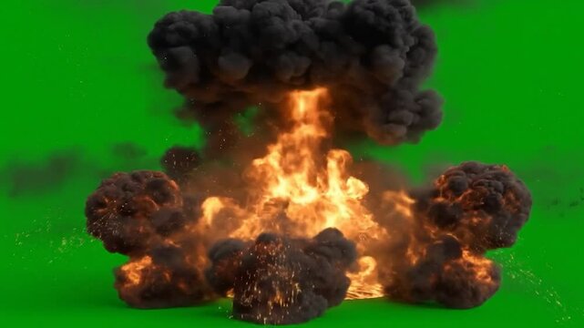 Massive fiery explosion with intense flames and thick black smoke plumes, rendered on a vivid chroma key green screen background. Fireballs erupt and expand rapidly from the center, with realistic mov
