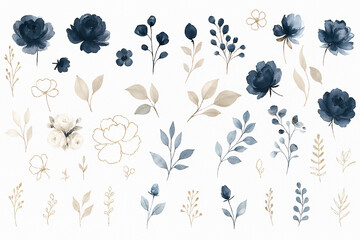 Set of watercolor arrangements featuring garden roses &mdash; a collection of pink flowers, leaves, and branches. Botanical illustrations isolated on a white background.