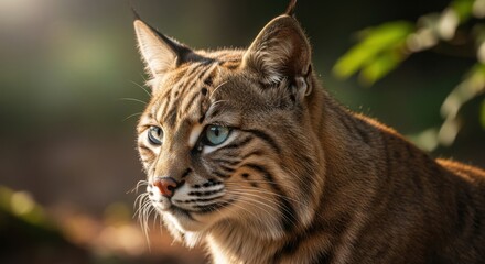 Obraz premium Close up side profile of a wild bobcat with piercing blue eyes and speckled fur in soft natural light