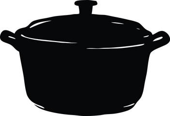 Classic Cooking Pot Silhouette, Black Vector of Kitchenware with Lid and Handles