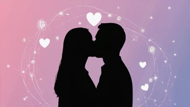 silhouette of a couple kissing on shiny hearts floating animation background.ai 