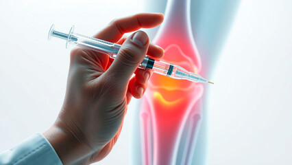 Hand holding syringe near knee joint with highlighted pain area for medical intervention study