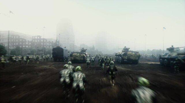 armored infantry vehicles with soldiers in in a ruined city.