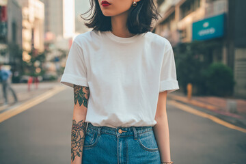 Woman in white T-shirt stands on city street. Casual style, fashion, editorial, web use.