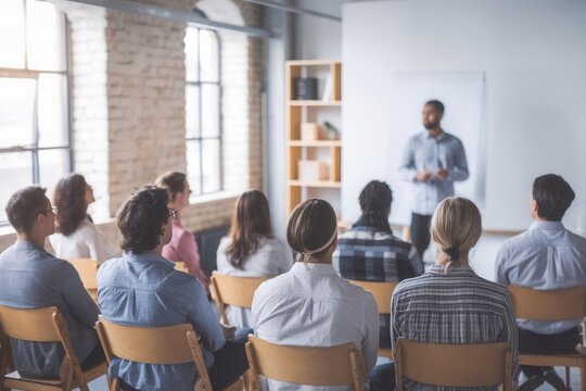 Diverse audience attentively watching a presenter in a modern training session