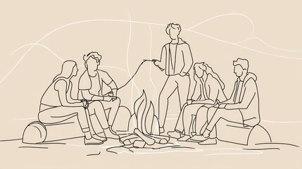 Group of people gathered around a campfire in nature.  Simple line drawing