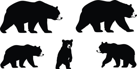 Black bear silhouette vector collection, wild animal clipart, walking and standing bear poses, forest wildlife illustration for graphic design.