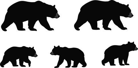 Bear silhouette walking pose vector, black animal graphic, wild mammal illustration, forest wildlife design, isolated bear clipart set, cartoon style.